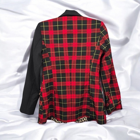 Topshop Red Tartan Plaid Leopard Print Blazer Mixed Pattern Jacket Woman Size 0 - Picture 2 of 12